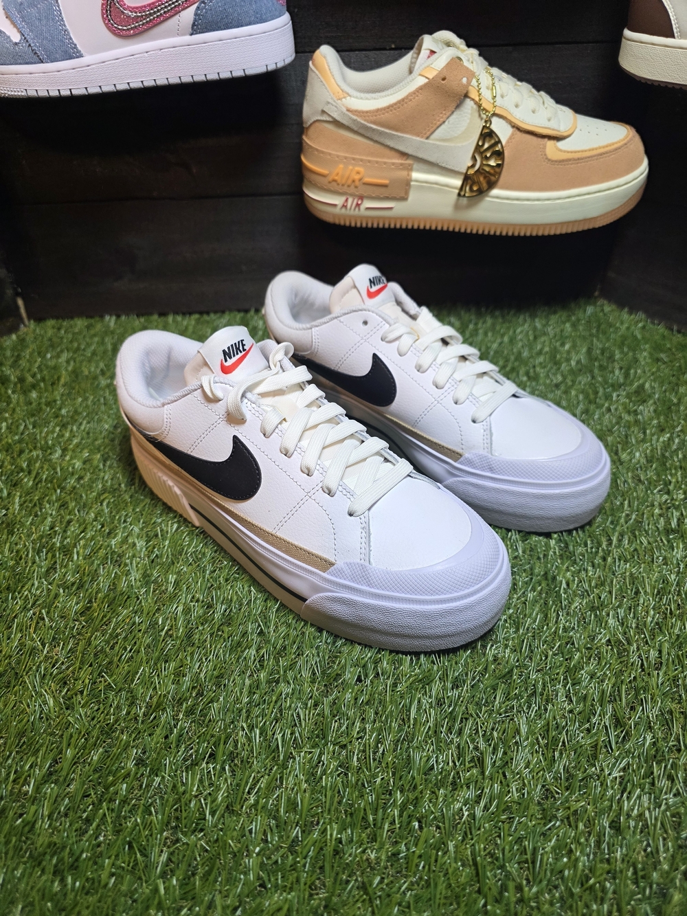 7.5 Women’s Nike Coury Legacy Lift White Sneakers with Black Swoosh